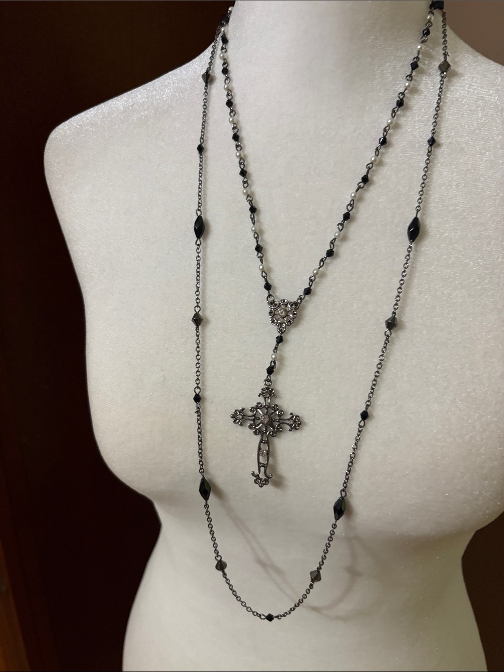 16” Black Crystal Cross Rosary Necklace - Women Jewelry